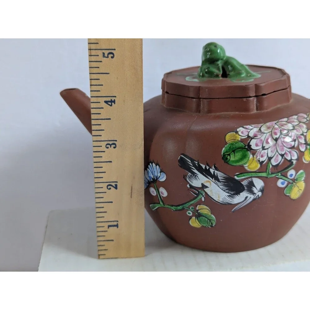 Vtg Yixing Zisha Clay Teapot W/ Enamel Floral & Bird Design 5